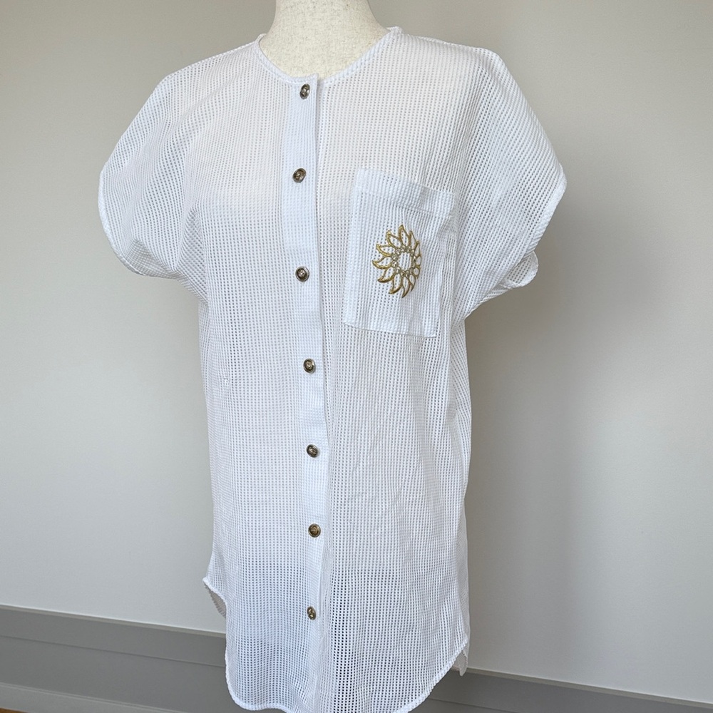 Lightweight White Button-Up Swim Coverup with Gold Detail